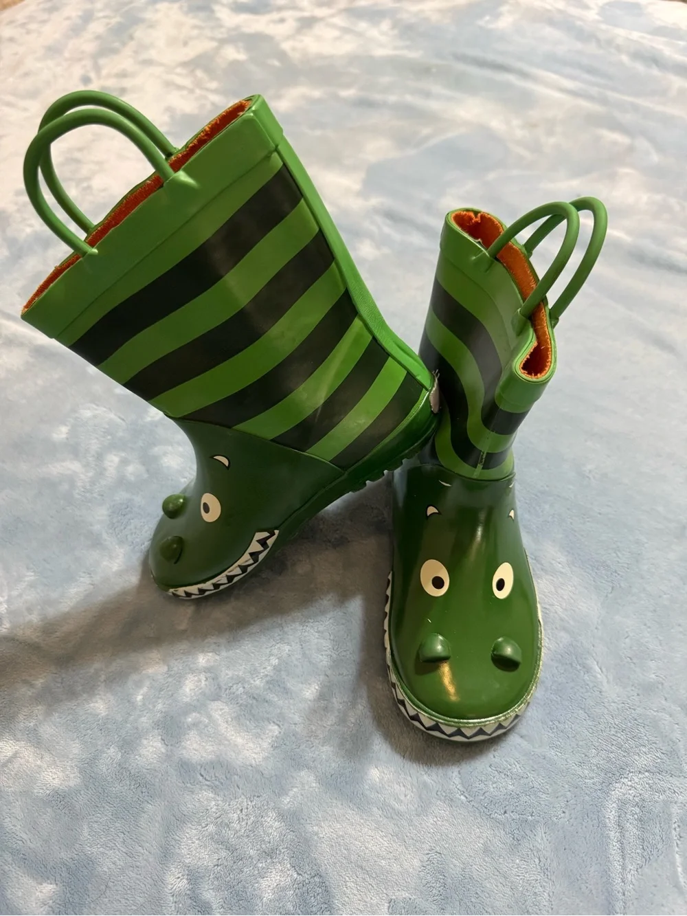 Kids Green Crocodile Rain Boots with Striped Shaft